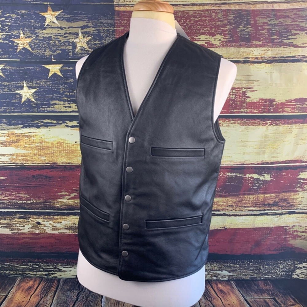 MENS BIGHORN LEATHER SNAP UP COWBOY VEST - BLACK